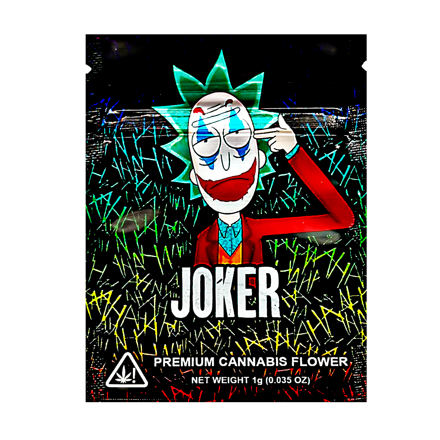 Mylar Bag Cannabis packaging with a cartoon character design on a black background
