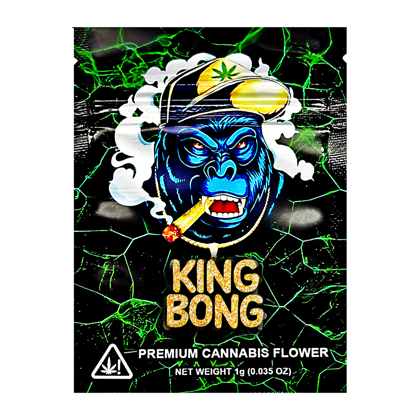 Mylar Bag King Bong premium cannabis flower packaging with a colorful design and character on a black background.