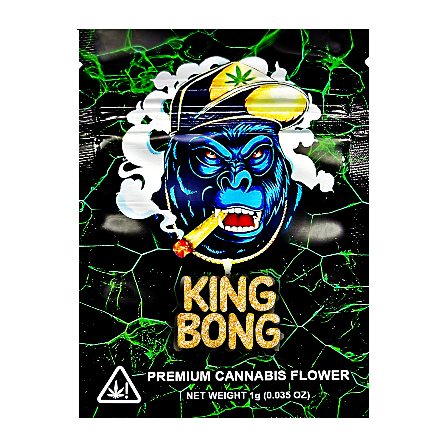 Mylar Bag King Bong premium cannabis flower packaging with a colorful design and character on a black background.