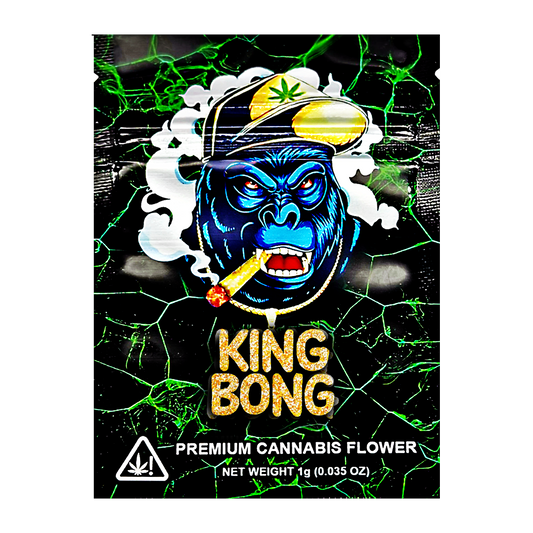 Mylar Bag King Bong premium cannabis flower packaging with a colorful design and character on a black background.