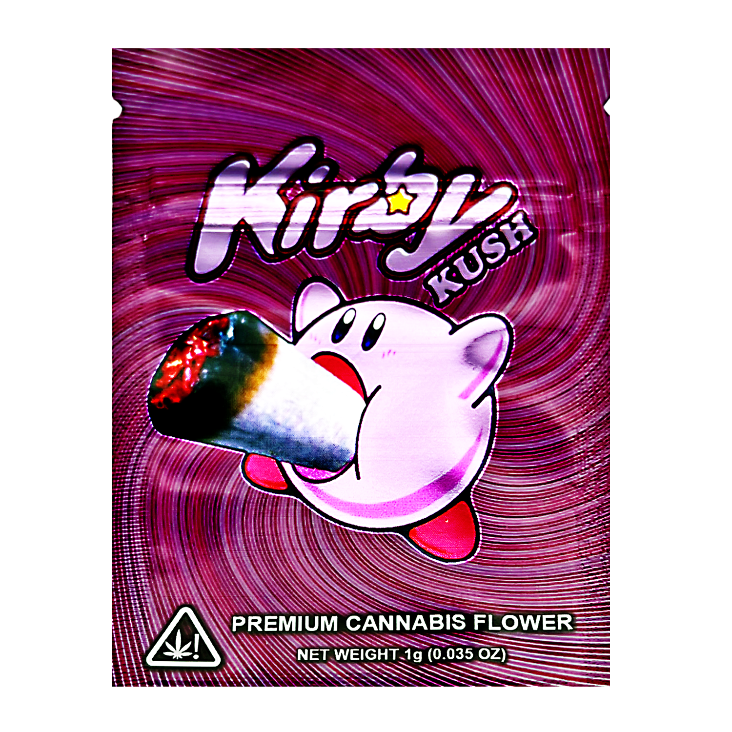 Mylar Bag Packaging of Kirby Kush premium cannabis flower with a stylized Kirby character on a pink and purple swirl background.