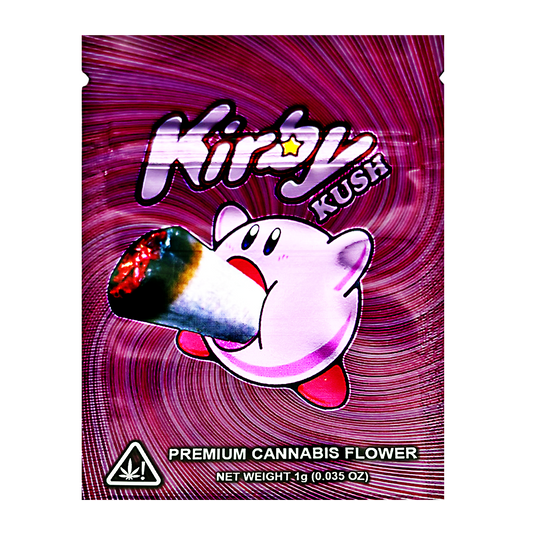 Mylar Bag Packaging of Kirby Kush premium cannabis flower with a stylized Kirby character on a pink and purple swirl background.