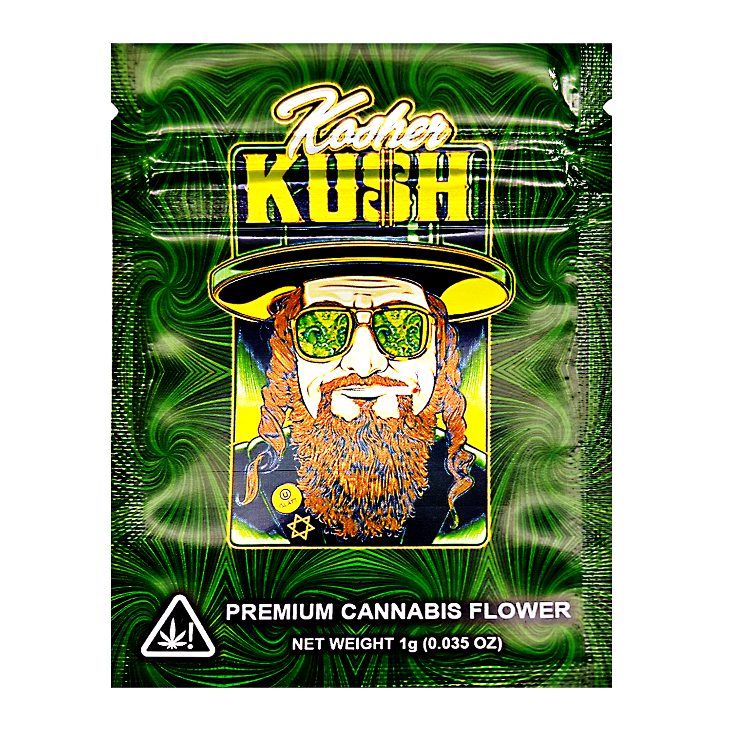 Mylar Bag Kush Kush cannabis packaging with a graphic of a bearded figure wearing sunglasses and a hat.