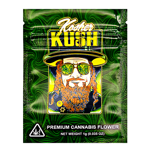 Mylar Bag Kush Kush cannabis packaging with a graphic of a bearded figure wearing sunglasses and a hat.