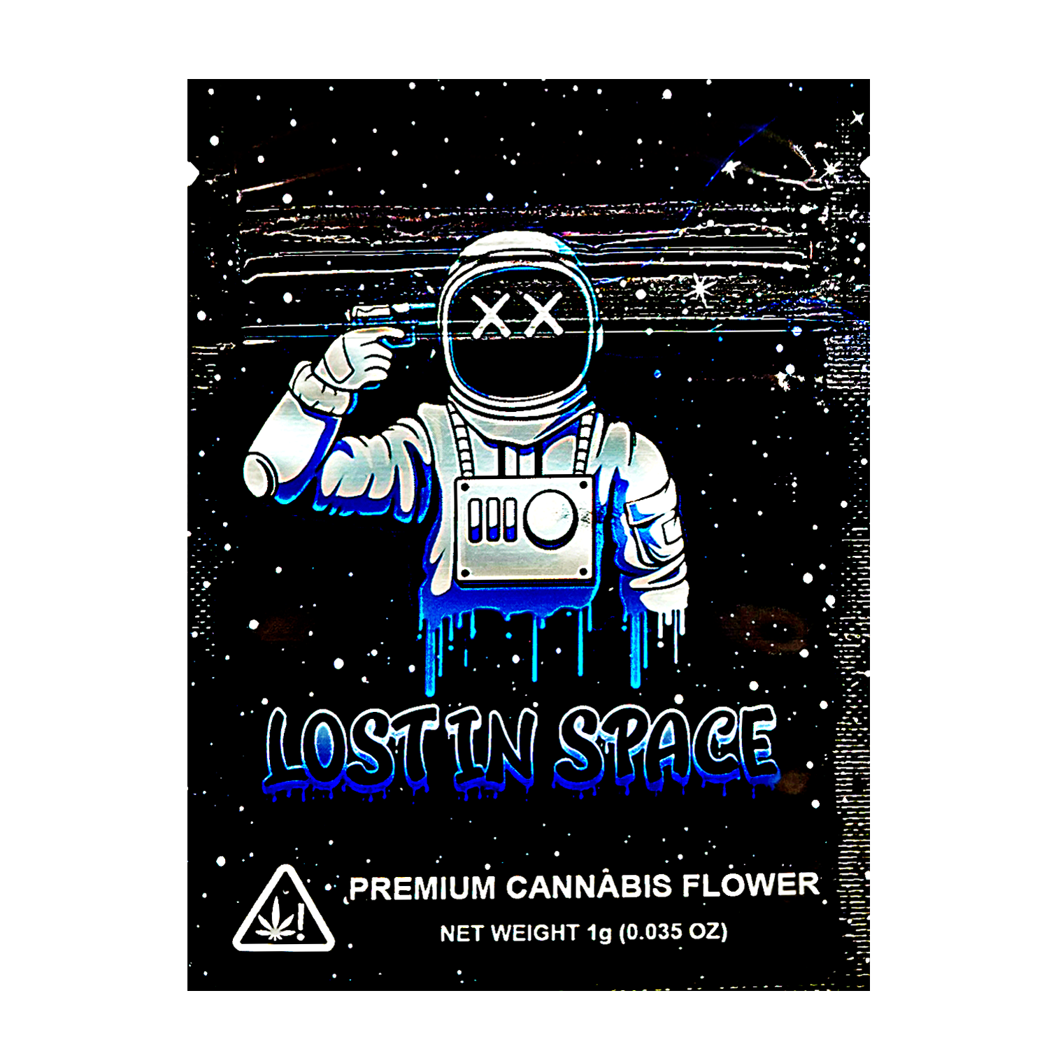 Mylar Bag Cannabis flower packaging with an astronaut design and 'Lost in Space' branding.