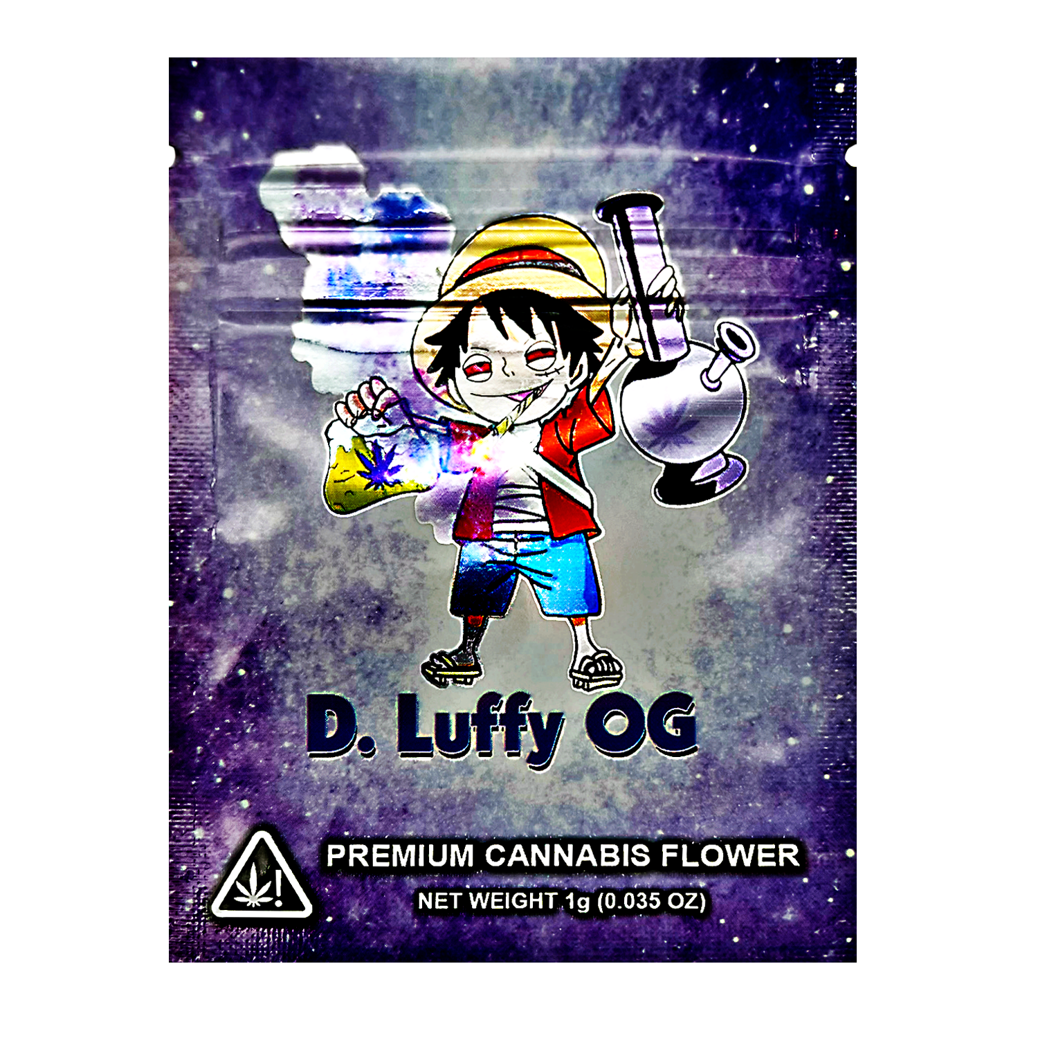 Mylar Bag Cannabis product packaging with a character design on a purple background
