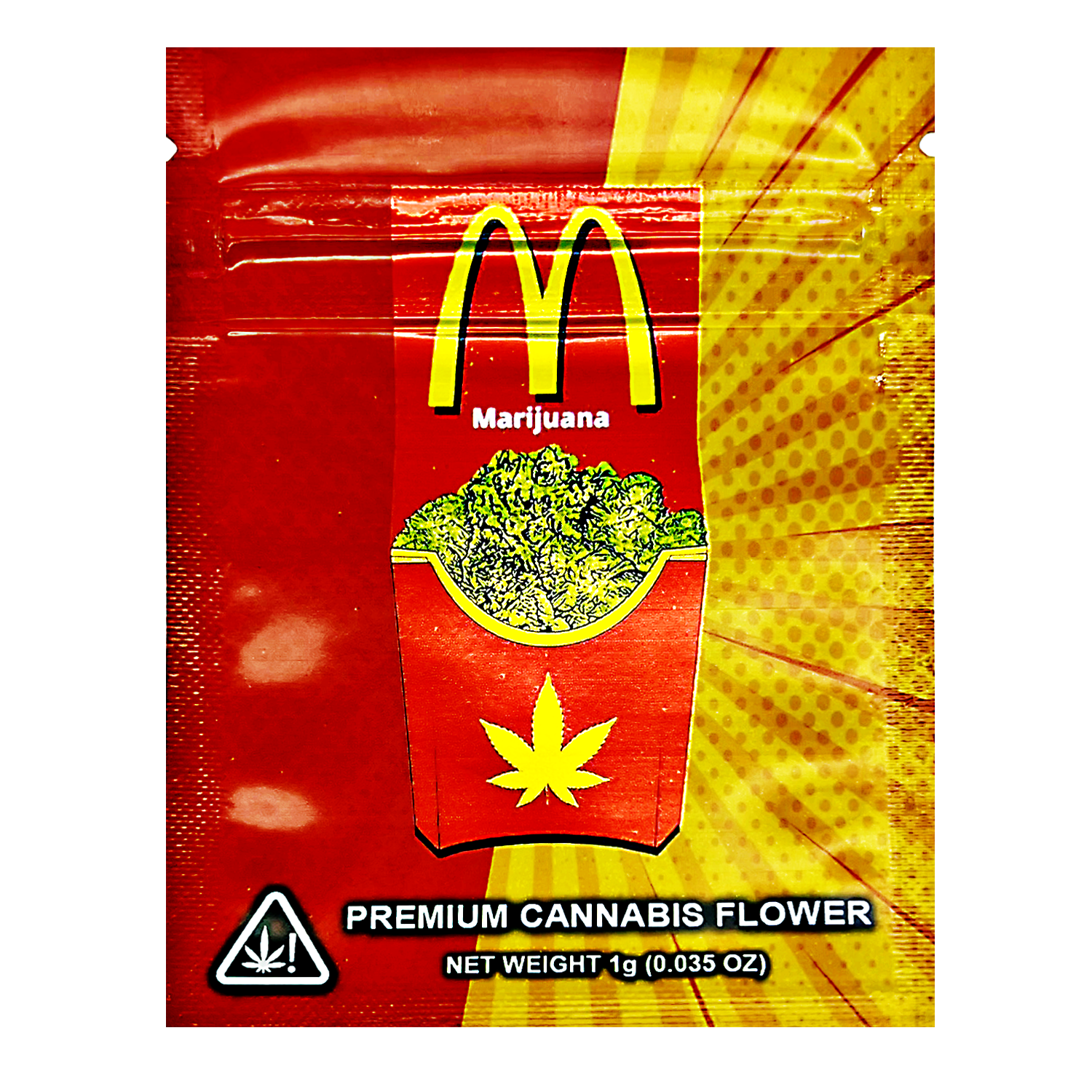 Mylar Bag Red packaging with yellow accents featuring a cannabis leaf and text on a white background
