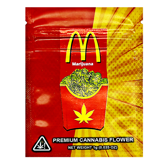 Mylar Bag Red packaging with yellow accents featuring a cannabis leaf and text on a white background