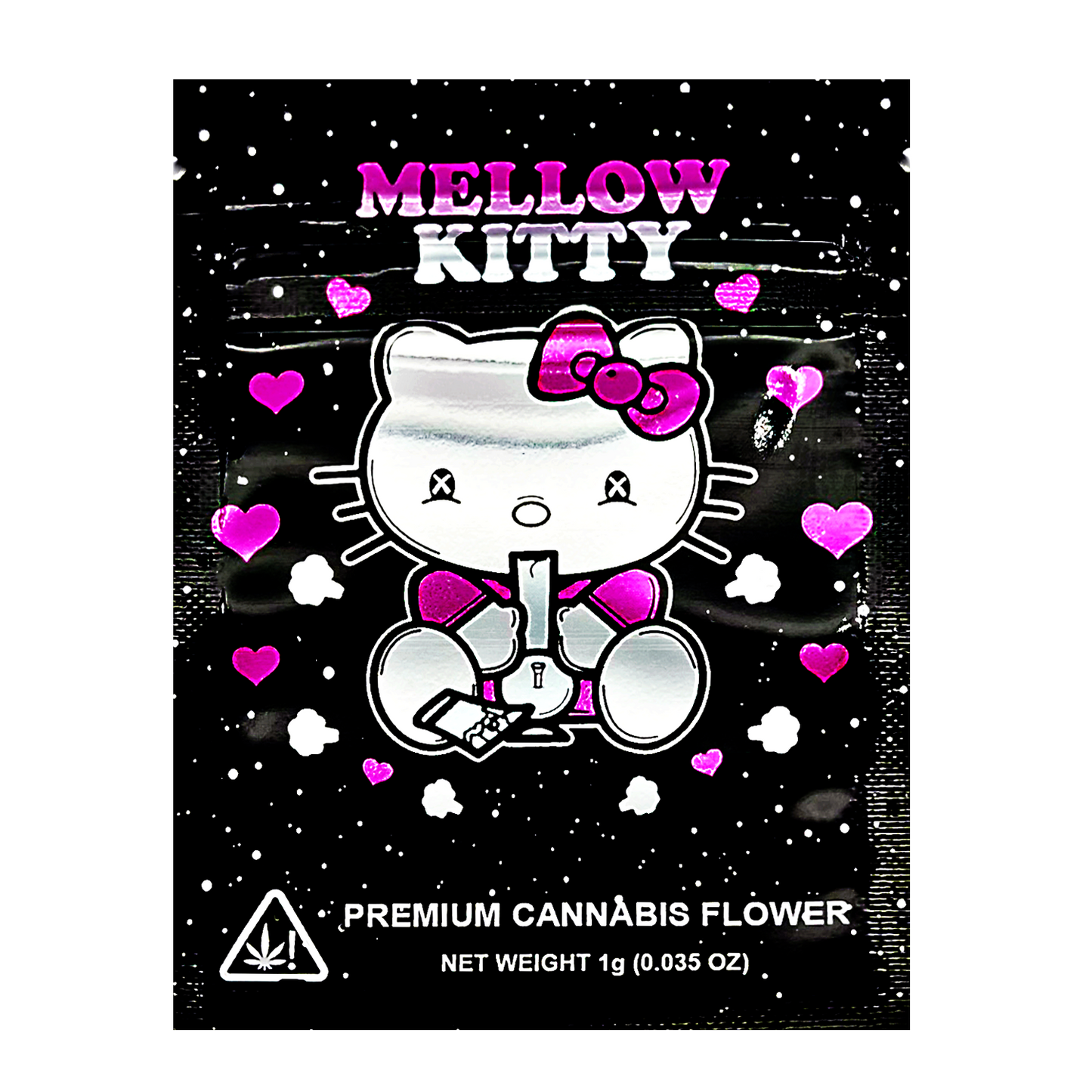 Mylar Bag Mellow Kitty branded cannabis flower packaging with a black background and pink hearts.