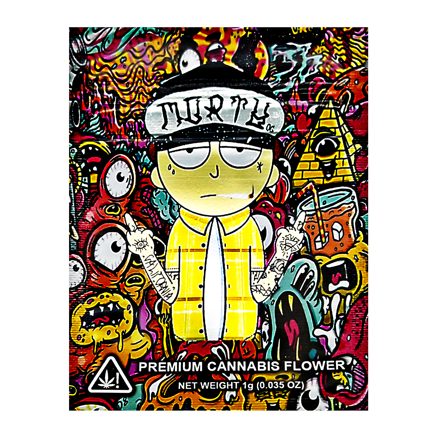 Mylar Bag Colorful packaging of premium cannabis flower with cartoon character and abstract designs.
