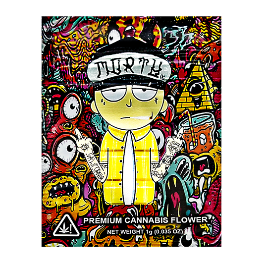 Mylar Bag Colorful packaging of premium cannabis flower with cartoon character and abstract designs.