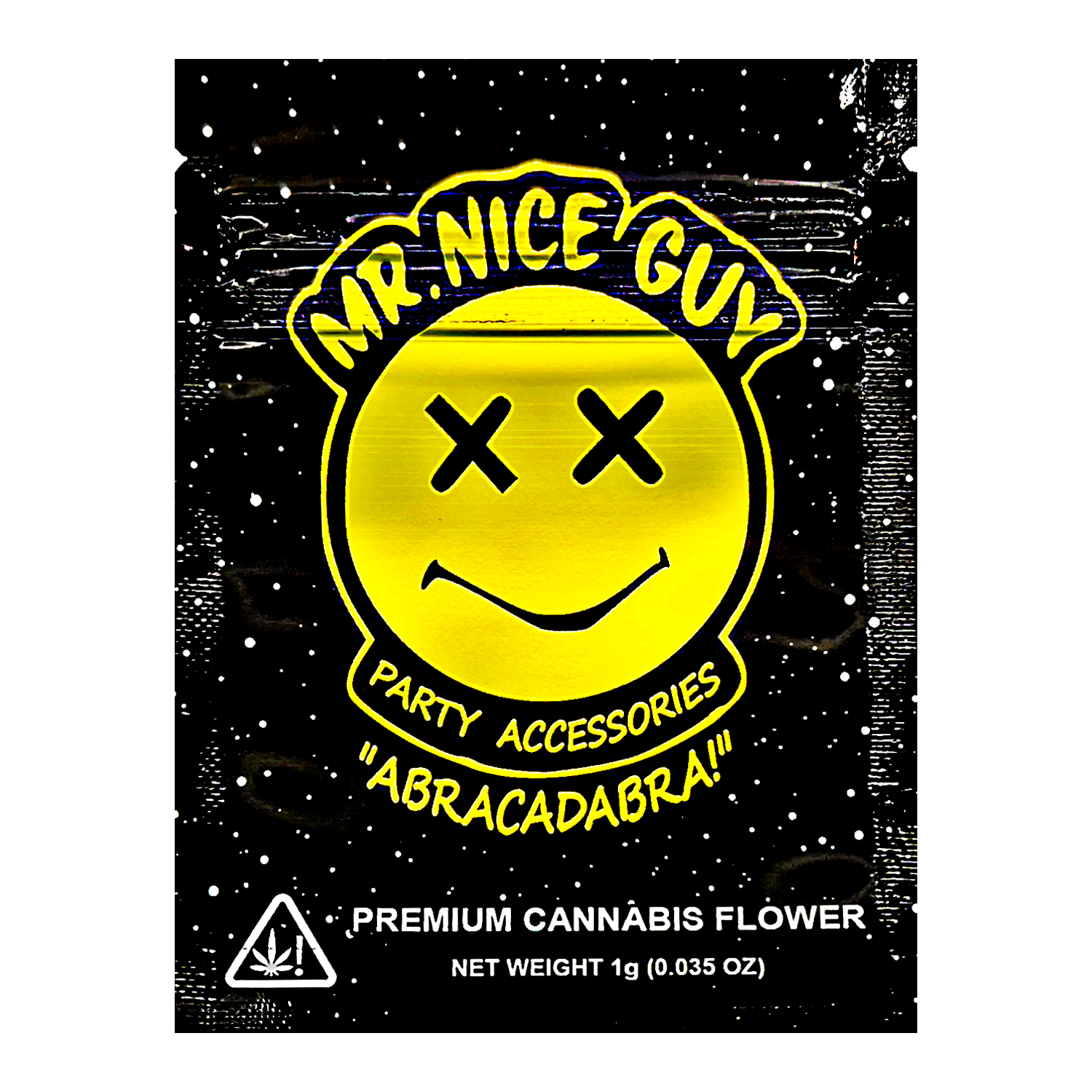 Mylar Bag Cannabis flower packaging with yellow smiley face and text on a black background