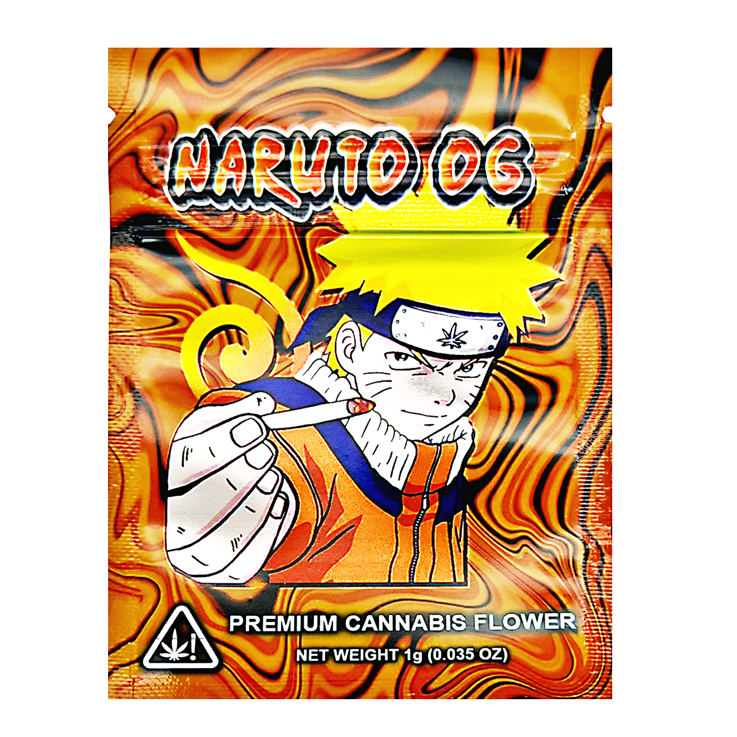 Mylar Bag Cannabis packaging with Naruto design on a white background