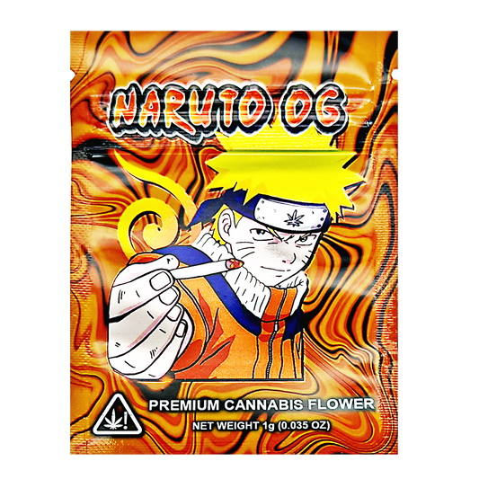 Mylar Bag Cannabis packaging with Naruto design on a white background