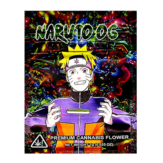 Mylar Bag Cannabis product packaging with a character design on a colorful background
