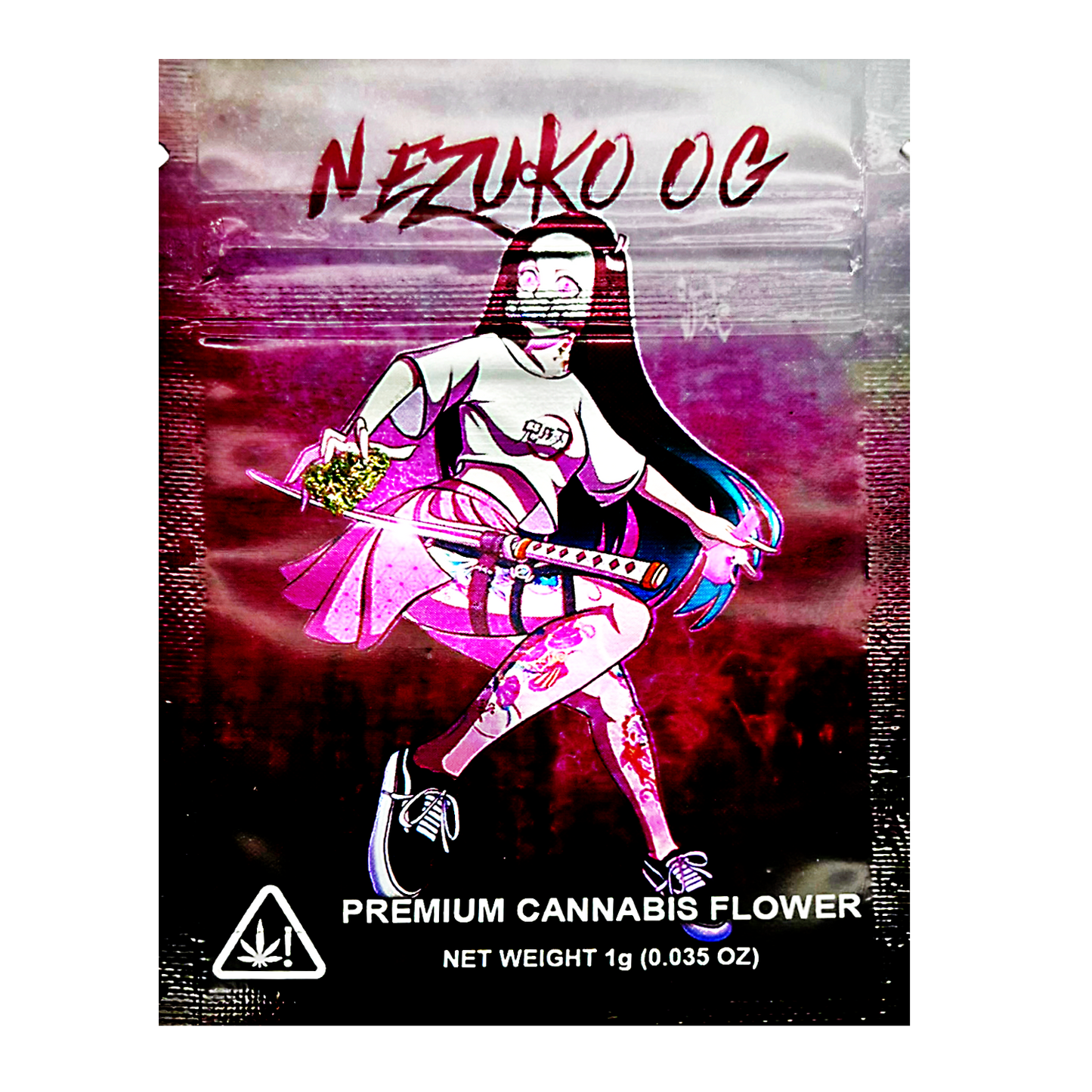 Mylar Bag Cannabis packaging with a stylized character holding a guitar and 'Nezuko OG' branding.