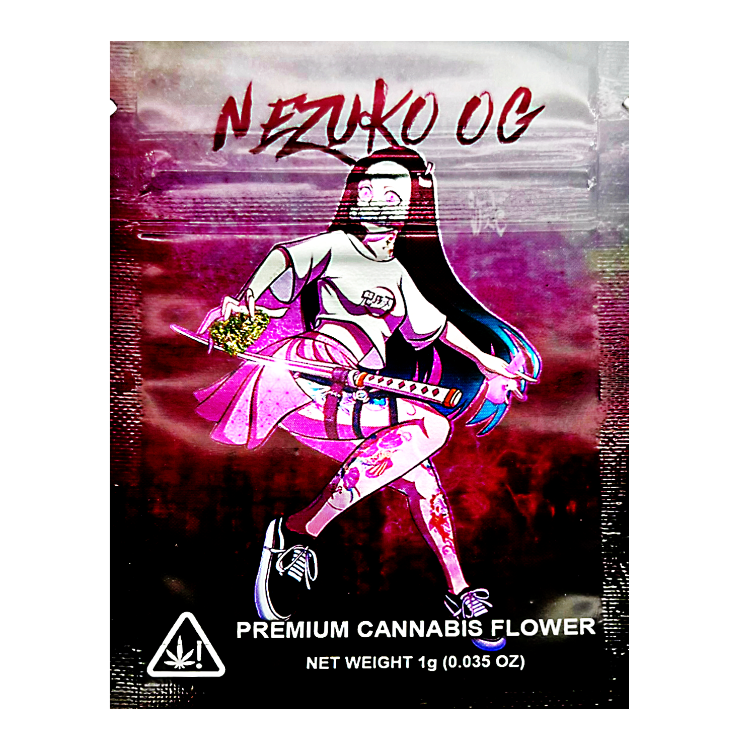 Mylar Bag Cannabis packaging with a stylized character holding a guitar and 'Nezuko OG' branding.