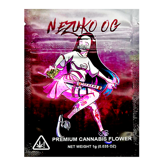 Mylar Bag Cannabis packaging with a stylized character holding a guitar and 'Nezuko OG' branding.
