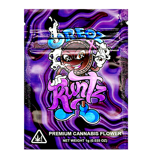 Mylar Bag Runtz premium cannabis flower packaging with colorful design and branding.
