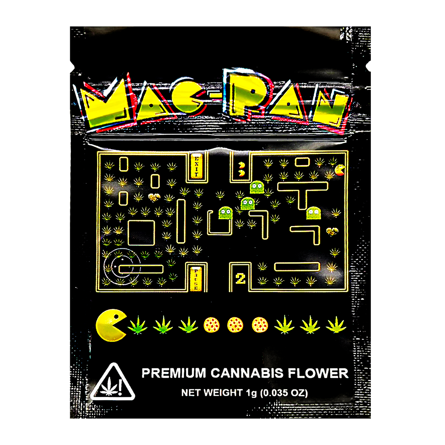 Packaging of Mylar Bag Mac-Paw premium cannabis flower with Pac-Man design on a black background