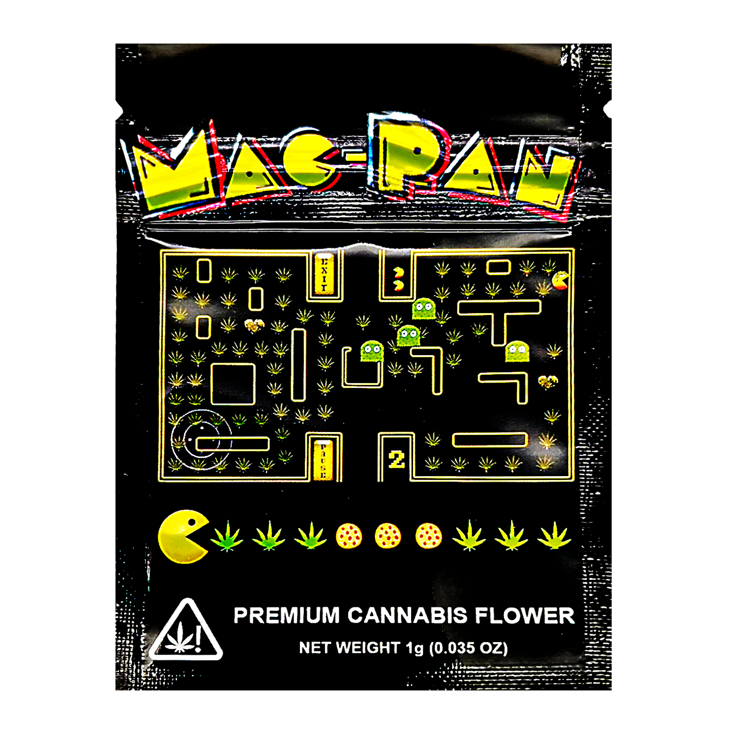 Packaging of Mylar Bag Mac-Paw premium cannabis flower with Pac-Man design on a black background