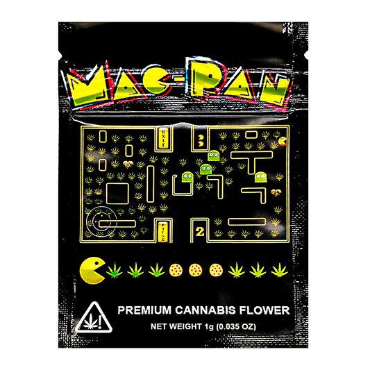 Packaging of Mylar Bag Mac-Paw premium cannabis flower with Pac-Man design on a black background
