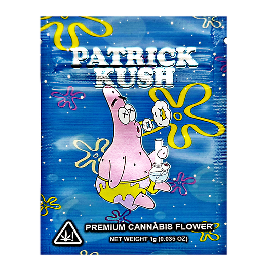 Mylar Bag Cannabis flower packaging with Patrick Star from 'SpongeBob SquarePants' on a blue background.