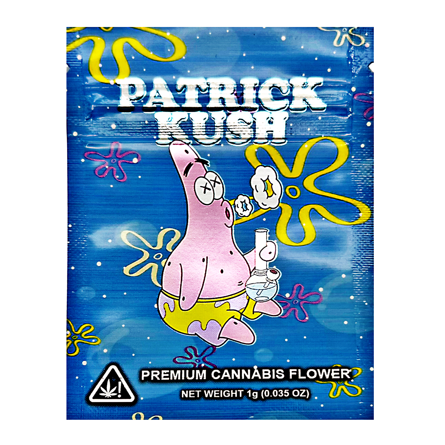 Mylar Bag Cannabis flower packaging with Patrick Star from 'SpongeBob SquarePants' on a blue background.