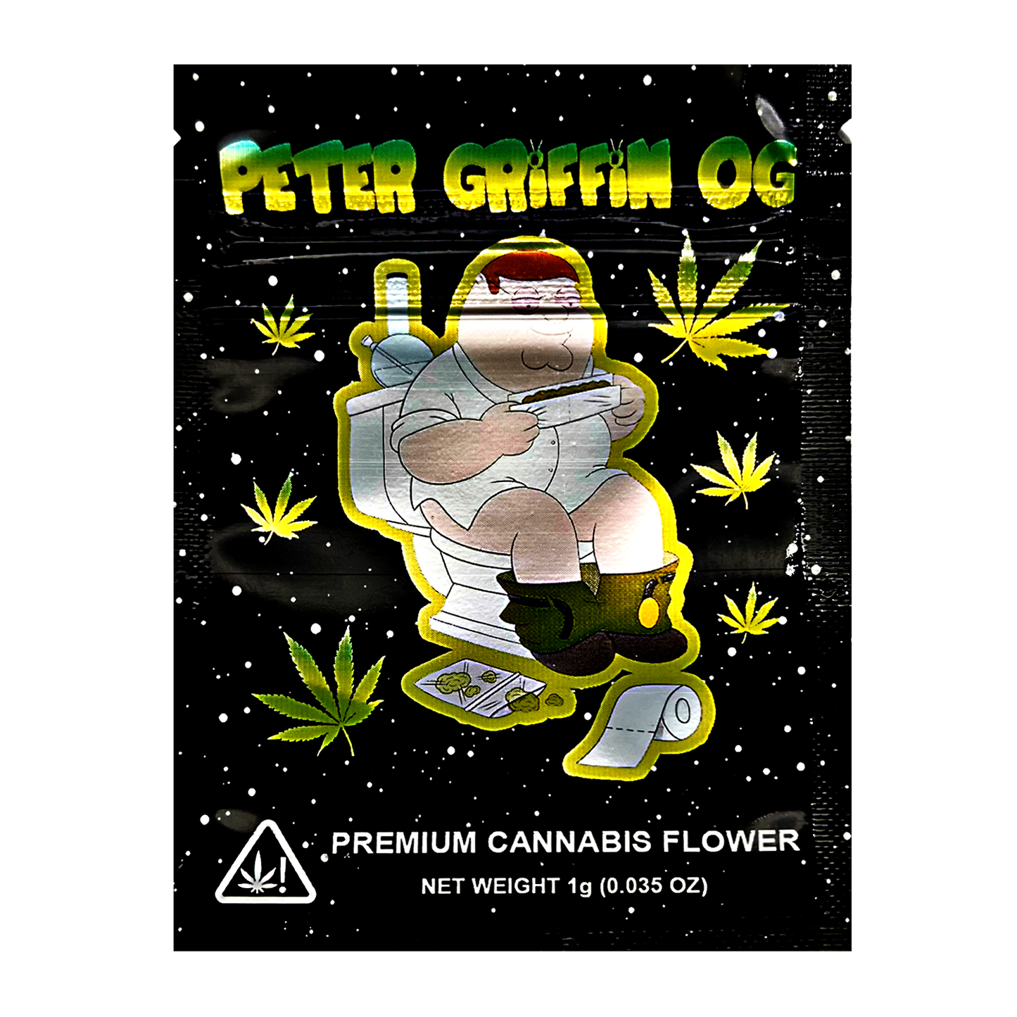 Mylar Bag Cannabis packaging with cartoon character on a black background