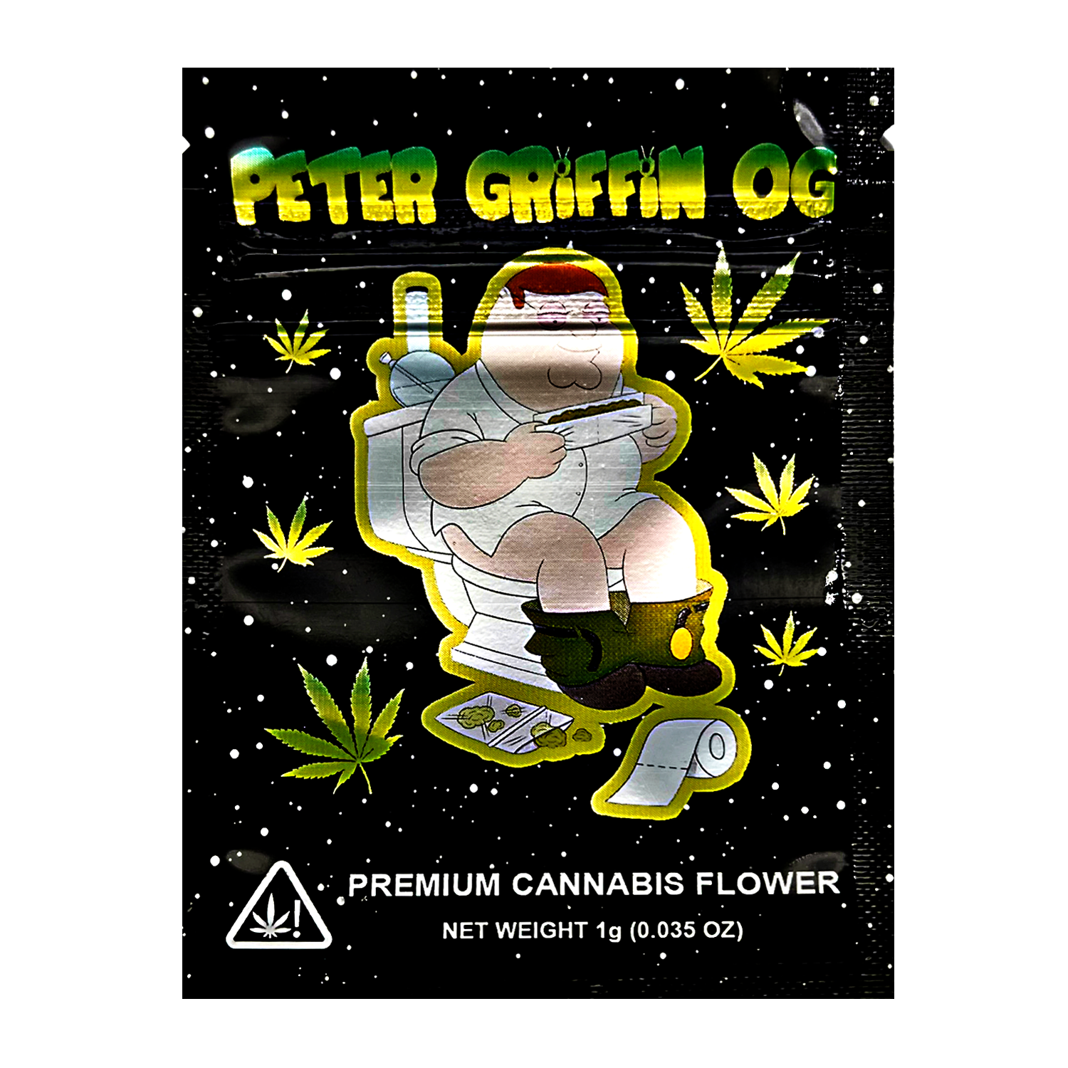 Mylar Bag Cannabis packaging with cartoon character on a black background