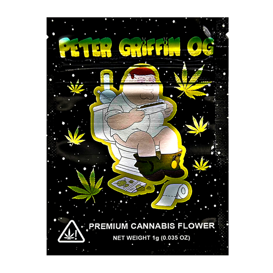Mylar Bag Cannabis packaging with cartoon character on a black background