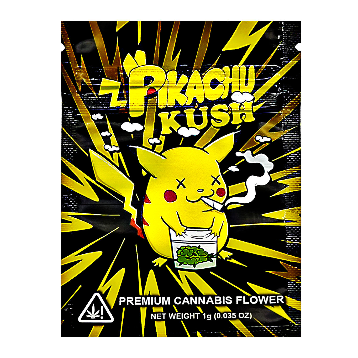Mylar Bag Pikachu Kush cannabis flower packaging with Pikachu smoking a joint on a black and yellow background.