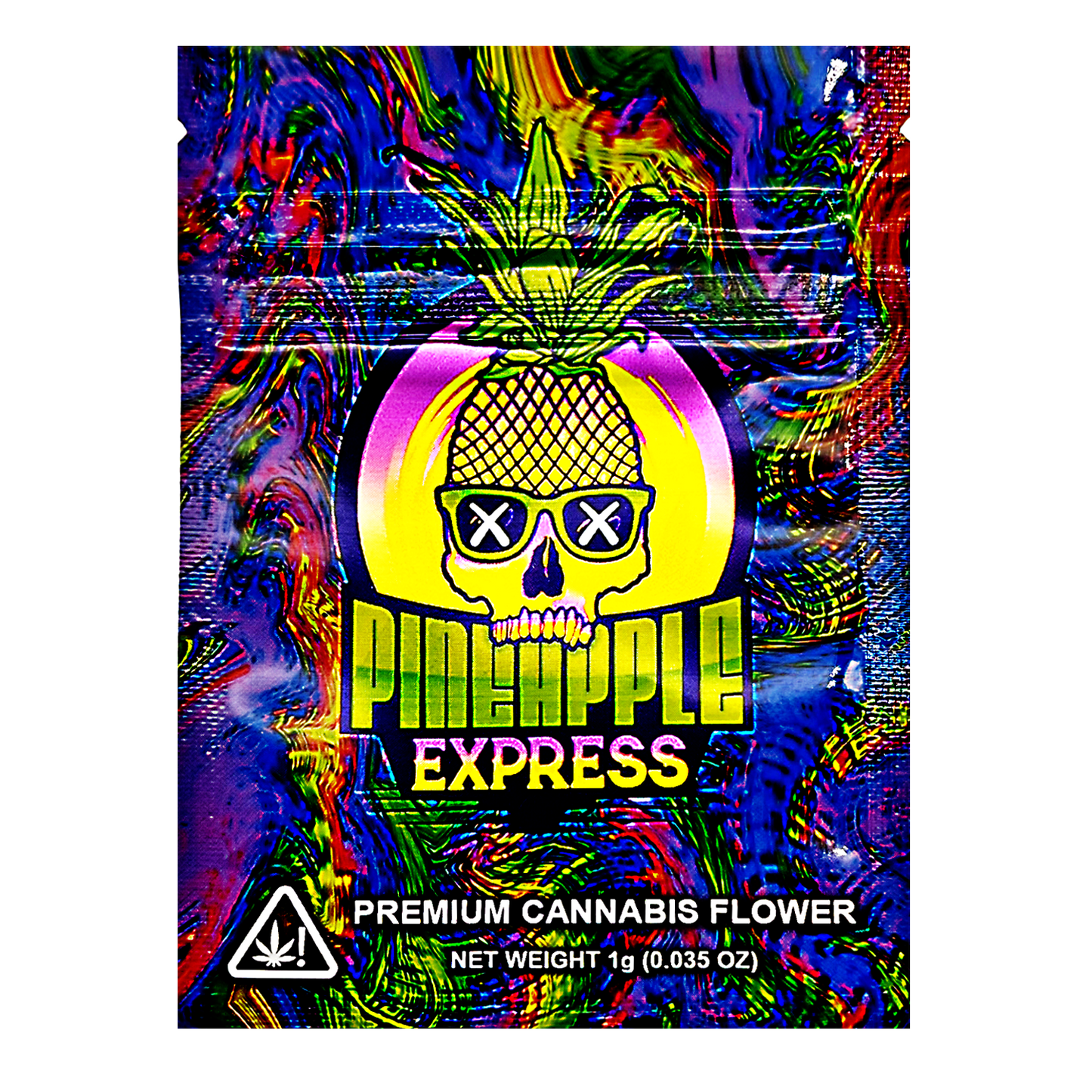Mylar Bag Colorful packaging of Pineapple Express premium cannabis flower with a pineapple and skull design.