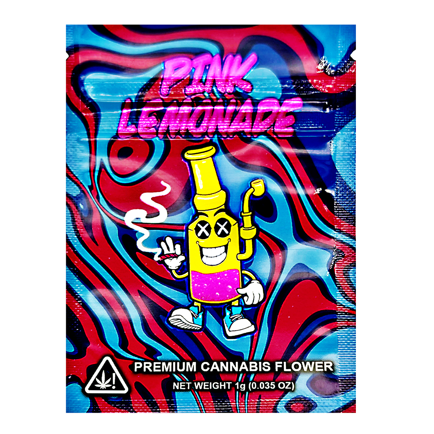 Mylar Bag Colorful packaging of 'Pink Lemonade' premium cannabis flower with a cartoon character on a white background.