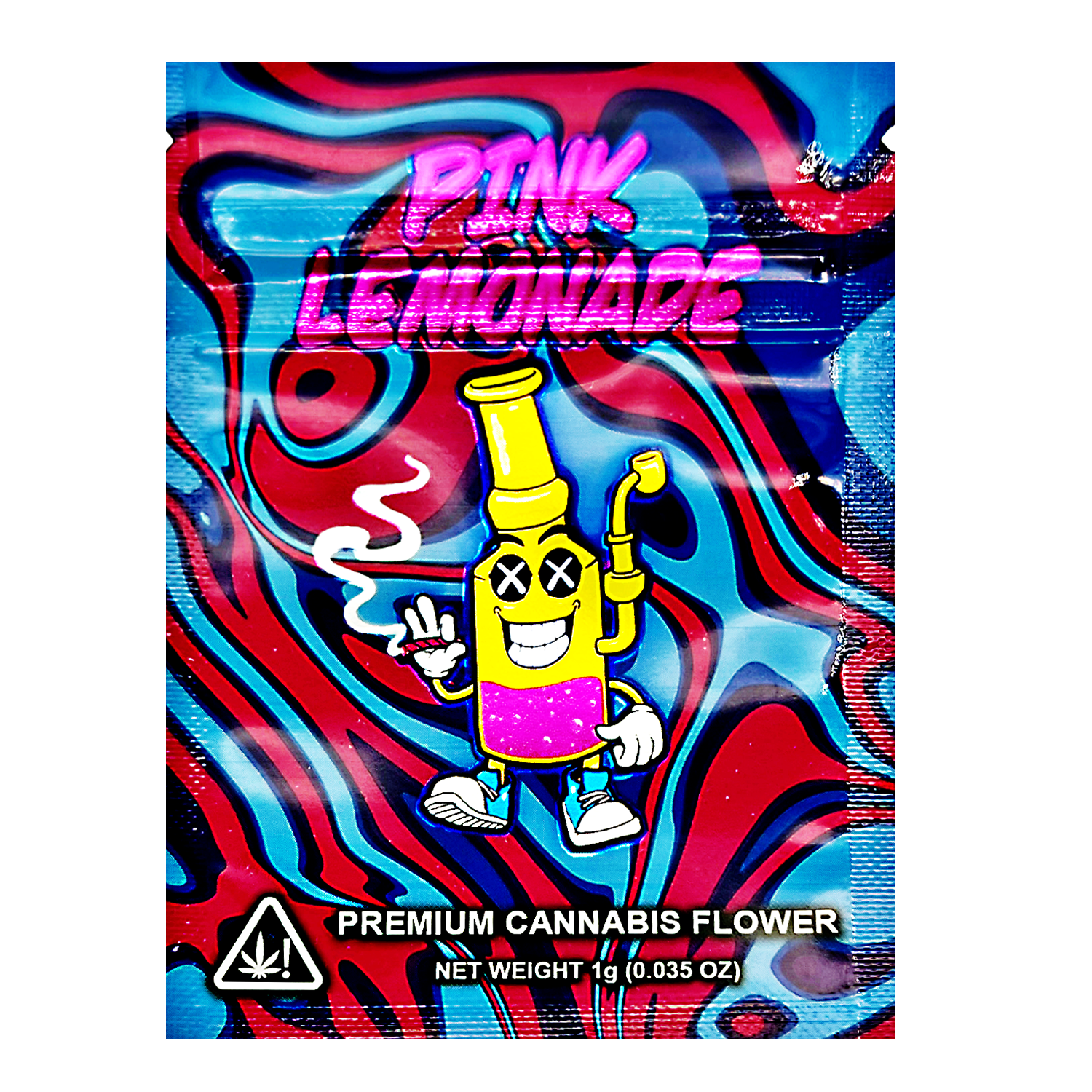 Mylar Bag Colorful packaging of 'Pink Lemonade' premium cannabis flower with a cartoon character on a white background.