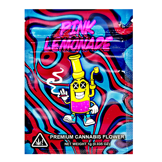 Mylar Bag Colorful packaging of 'Pink Lemonade' premium cannabis flower with a cartoon character on a white background.