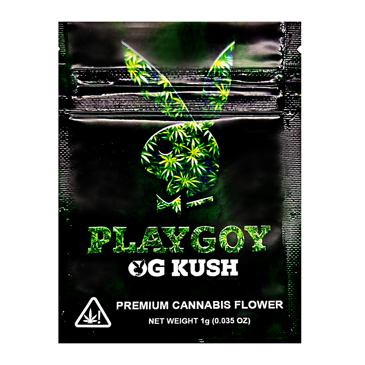 Mylar Bag Playboy OG Kush cannabis flower packaging with green leaf design on a black background