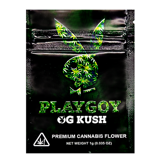 Mylar Bag Playboy OG Kush cannabis flower packaging with green leaf design on a black background