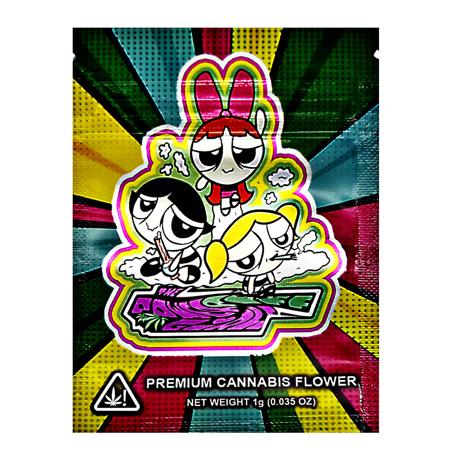 Mylar Bag Cannabis packaging with cartoon characters on a colorful background