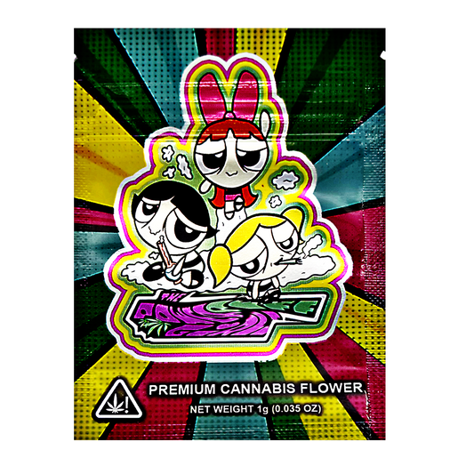 Mylar Bag Cannabis packaging with cartoon characters on a colorful background