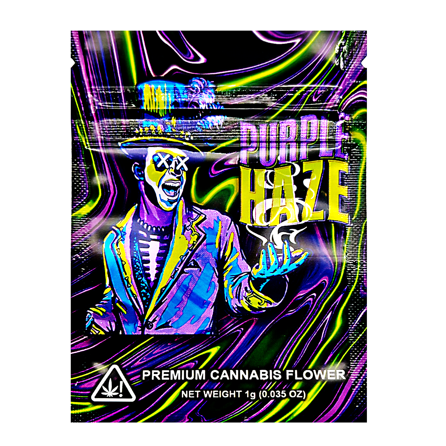 Mylar Bag Cannabis packaging with a colorful design and 'Purple Haze' text.