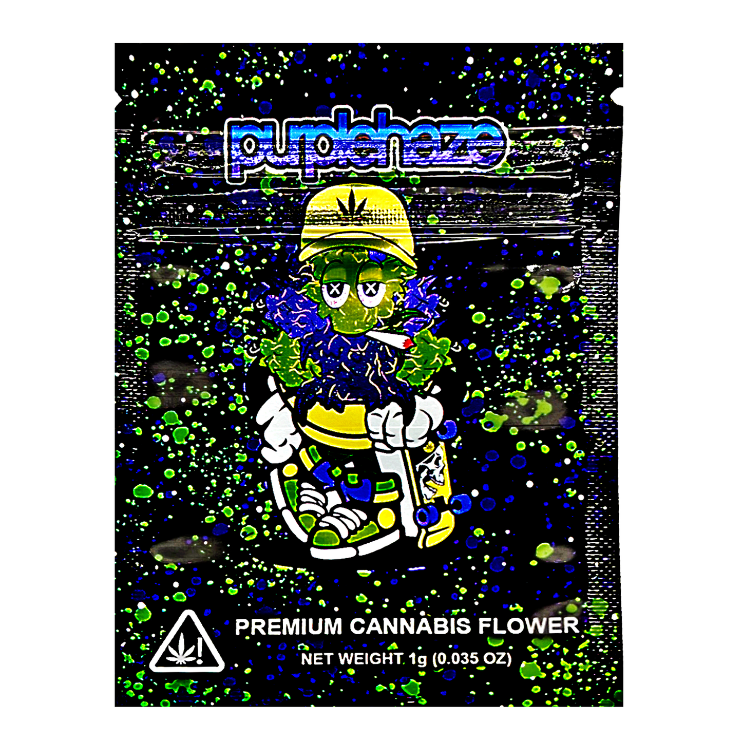 Mylar Bag Cannabis packaging with a cartoon character and 'Purple haze' branding.