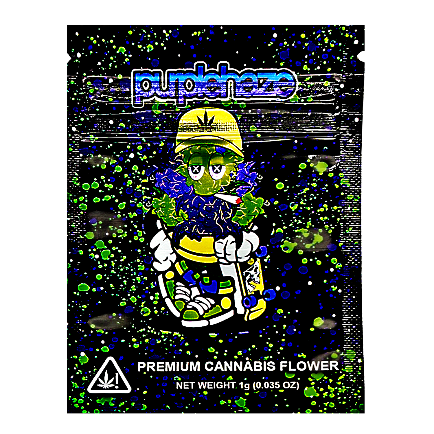 Mylar Bag Cannabis packaging with a cartoon character and 'Purple haze' branding.