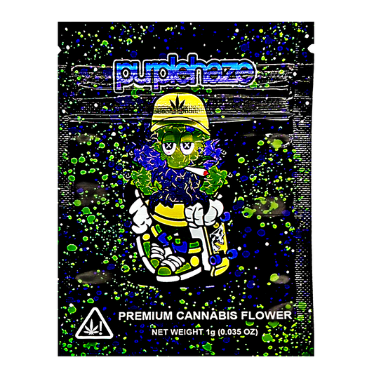 Mylar Bag Cannabis packaging with a cartoon character and 'Purple haze' branding.