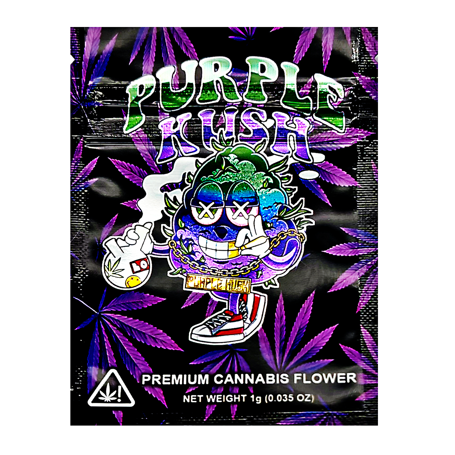 Mylar Bag Purple Kush cannabis packaging with cartoon character and cannabis leaf design on a black background
