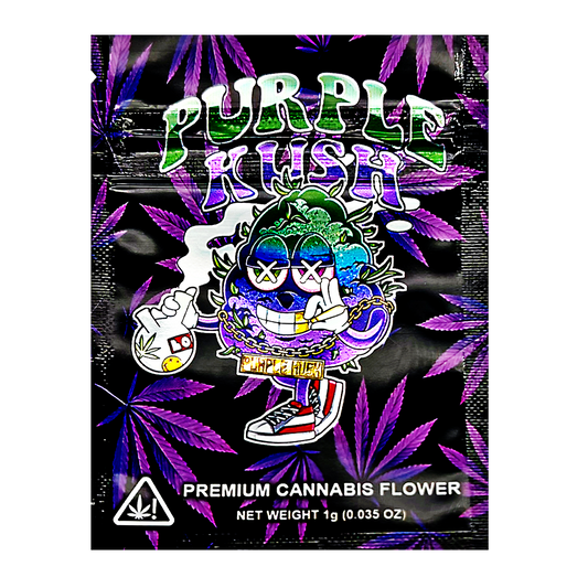 Mylar Bag Purple Kush cannabis packaging with cartoon character and cannabis leaf design on a black background