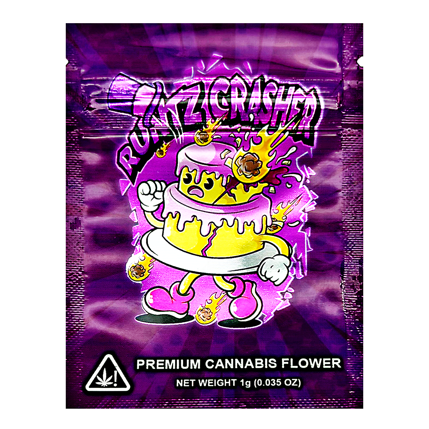 Mylar Bag Purple packaging of 'Buzzed Crashen' premium cannabis flower with cartoon character and cannabis icon.