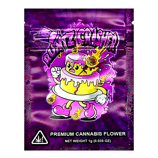 Mylar Bag Purple packaging of 'Buzzed Crashen' premium cannabis flower with cartoon character and cannabis icon.