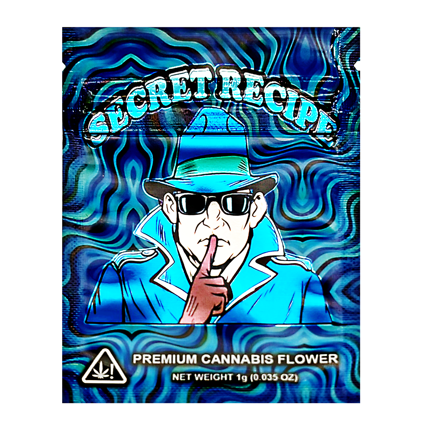Mylar Bag Cannabis packaging with a stylized figure and 'Secret Recipe' branding.