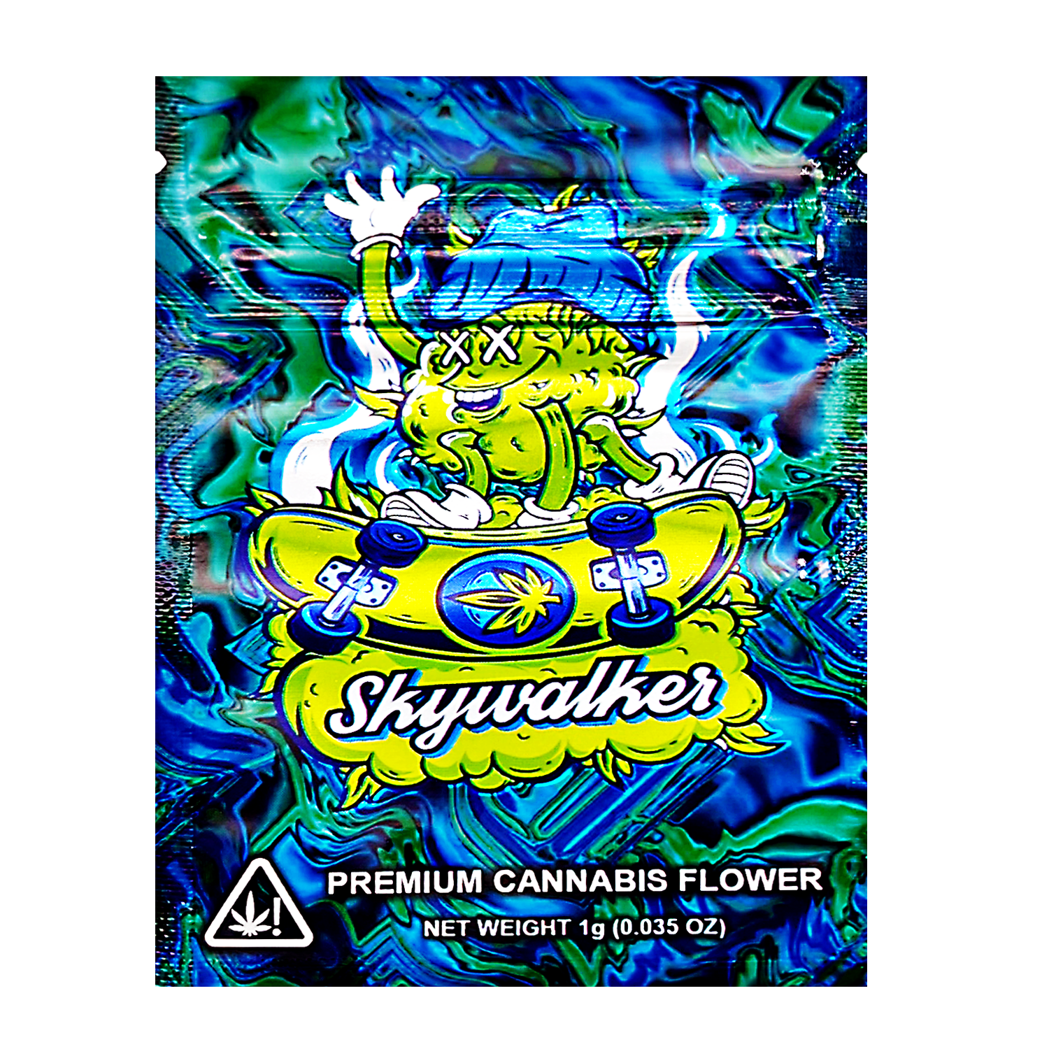 Mylar Bag Cannabis packaging with colorful design and 'Skywalker' branding on a white background